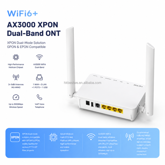 WiFi6+ AX3000 XPON Dual-Band ONU Router with Hisilicon Chipset 1 WAN 3 LAN 1 POTS 1 USB Port for FTTH ISP Network