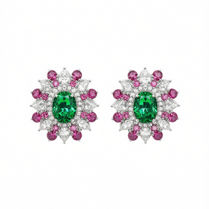 Orecchini a perno di lusso in oro bianco con smeraldo, taglio ovale, design floreale, montatura a griffe, gioielli da sposa da donna - Product Image 1