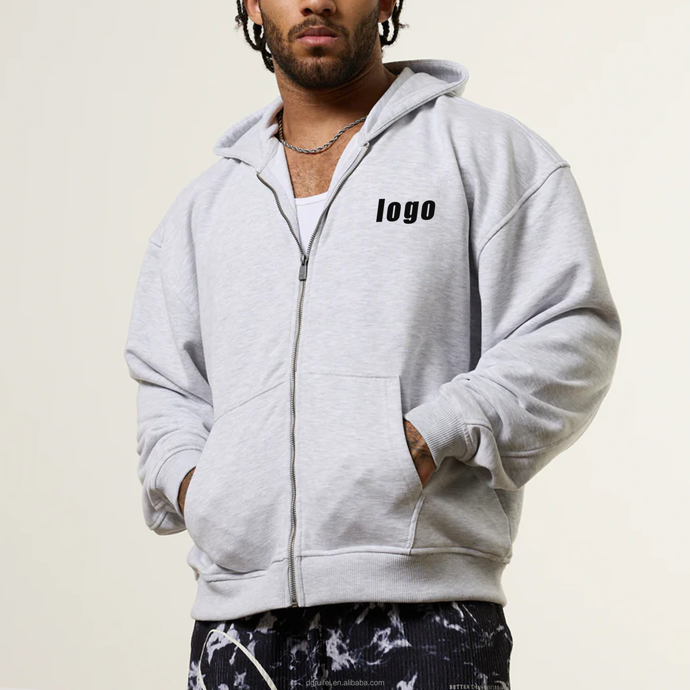 Cotton Oversized Printed Zip-up Zip-up Hoodie