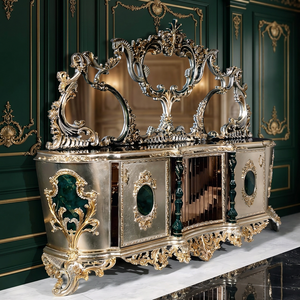 Console de luxe royale en teck massif, ensemble de trois miroirs muraux, buffet sculpté doré, meuble de bar d'entrée, style Mid-Century Modern - Product Image 2