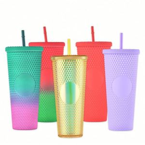 Vasos Reutilizables con Diseño de Diamantes, 24 oz, Multicolor, Plástico Mate, 710 ml, con Tapa y Pajita - Product Image 1