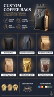 Sachets de café personnalisés imprimés numériquement, à fond plat, avec anneau de fermeture thermoscellable, qualité alimentaire, pour café en poudre, grains et aliments pour animaux de compagnie