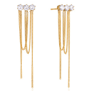 Drop <b>Earrings</b> With White Round Zircon And Chain <b>Tassel</b> For Party Women Stainless Steel Prong Setting Jewelry - Product Image 5