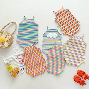 Barboteuse d'été fine pour bébé fille, à bretelles, rayée, <span class=keywords><strong>en</strong></span> coton élasthanne, mi-mollet, avec fermeture boutonnée discrète, adorable, une pièce - Product Image 2