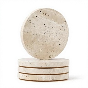 Ensemble de dessous-de-verre en marbre travertin rond, pierre beige naturelle, pour protéger les tables et décorer la maison - Product Image 1