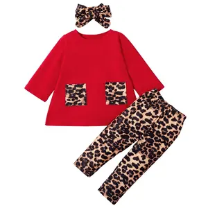 赤ちゃんデザイナー服0-6歳女の子服赤い綿シャツヒョウパンツ赤ちゃん女の子春2個セット服