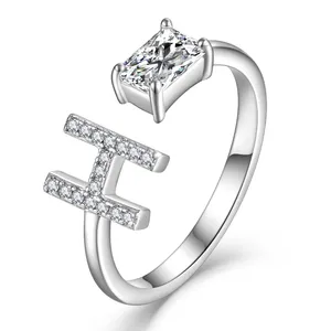 YILUN High Quality 925 Sterling Silver H Letter Ring Cubic Zircon Rhodium Plated Adjustable Open Ring for Women