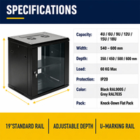 Gabinete de Red para Montaje en Pared KD Design de 19 Pulgadas, 6U 9U 12U 15U 18U, Rack de Servidor de Acero Resistente de 60 kg con Paneles Laterales con Cerradura