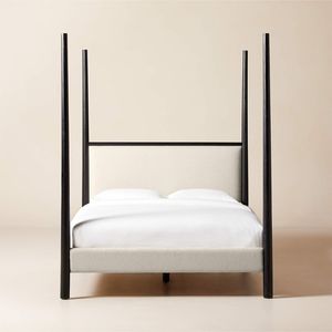 Luxury 4 Poster <b>Black</b> Wooden Queen <b>Bed</b> Frame with Ivory Upholstered Headboard Modern Canopy <b>Bed</b> for Bedroom Furniture Supplier - Product Image 1