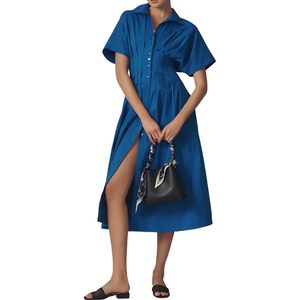 Vestido Largo Casual para Mujer, con Botones al Frente, Plisado, Manga Corta, Cuello, Color Azul Oscuro, Transpirable, para Uso Diario - Product Image 1