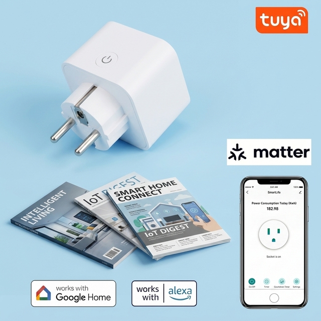 16A EU Smart Plug Tuya Matter for Alexa Google App Control With Energy Monitoring Smart Socket for Home