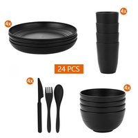 Service de table en plastique écologique noir de 28 pièces avec assiettes, bols, tasses et couverts pour le camping