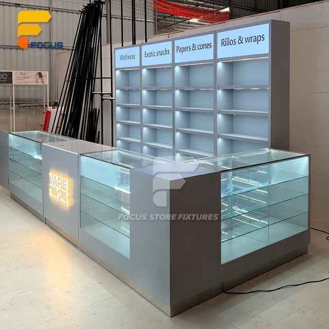 Retail Store Lighted Wall Shelving Custom Glass Showcase Counter Lockable Sliding Door Display Cabinet Design