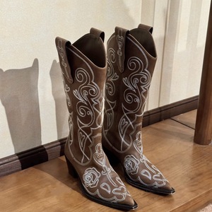 Bottes à rivets de haute qualité pour femmes, bottes hautes noires à bout carré style western punk, bottes de cow-boy pour femmes avec broderie - Product Image 2