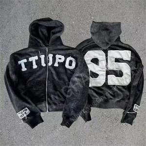 Wholesale Custom French Terry Men Vintage Distressed Embroidered Acid Wash <b>Cropped</b> <b>Zip</b> <b>up</b> <b>Hoodie</b> - Product Image 3