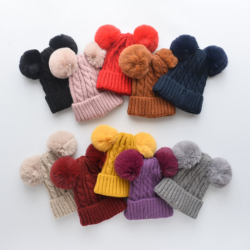 Wholesale Winter Kids 100% Cotton Skein Crochet Knitted Double Faux Fur Pom Pom Beanies Custom Label Toddle Baby Hats