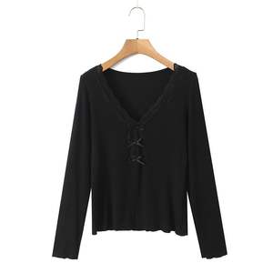 Blusa de Mujer Happy Plus, Cuello en V, con Lazo, Tejida, de Color Sólido, Manga Larga, Talla N9037 - Product Image 2