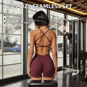 Ensemble soutien-gorge et short de sport sans couture pour femme, sexy, compressif, extensible, avec découpe en V et dos froncé, taille haute élastique, couleur unie, grandes tailles - Product Image 2