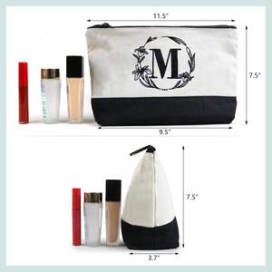 Grande Tote Bag in tela bianca e nera per regali personalizzati per la festa della mamma, borsa <span class=keywords><strong>con</strong></span> cerniera <span class=keywords><strong>con</strong></span> <span class=keywords><strong>iniziali</strong></span> <span class=keywords><strong>ricamate</strong></span>, manico in pelle - Product Image 2