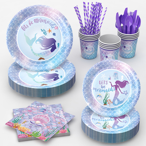 Assiettes en papier sur le thème de <span class=keywords><strong>la</strong></span> sirène violette pour fête de filles, fournitures de fête de <span class=keywords><strong>la</strong></span> <span class=keywords><strong>Petite</strong></span> Sirène pour filles - Product Image 1