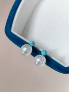 Soft Lovely Bright Polished 18K Solid Gold Akoya Saltwater Pearl Ear <b>Studs</b> Embellished With Natural Peridot Blue Topaz - Product Image 6