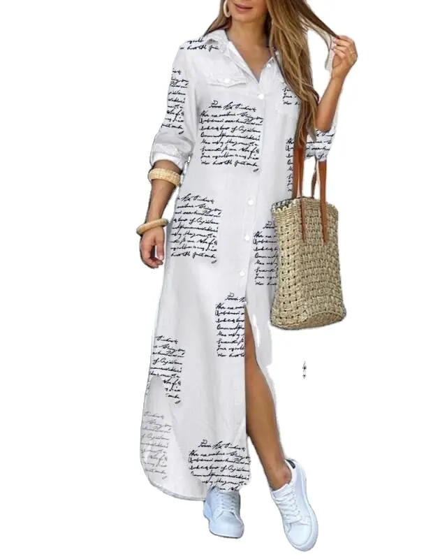 Модное женское платье-рубашка с длинным рукавом, осенние длинные платья с принтом, женский свободный сарафан с отложным воротником, вечерние платья