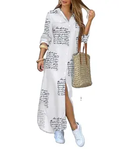 Fashion Women Long Sleeve Shirt Dress Autumn Printed OL Long Dresses ladies Turn-down Collar Loose Sundress Party Dresses