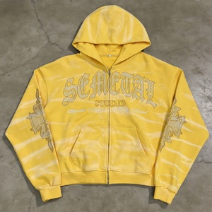 Custom 100% Cotton Heavyweight Cropped Zip Hoodies Manufacturer Streetwear Rhinestone Embroidered Acid Wash Zip up Hoodie - Product Image 1
