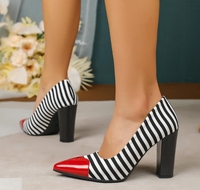 Sepatu Wanita Ukuran Besar Model Pointed Toe Shallow Pumps Hitam & Putih Bergaris Hak Tebal Tinggi Bahan PU Sol TPU Ukuran 40-43