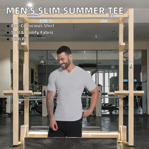 Camisa ajustada de manga corta para entrenamiento de verano para hombre, camisa de punto elástica con cuello de barra vertical, cómoda, teñida de hilo sólido de Color sólido - Product Image 2