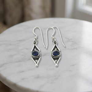 Pendientes Colgantes de Plata Tibetana Vintage con Zafiro de Corte Ovalado Engastado en Bisel, Diseño Geométrico, Certificados por Terceros, para Mujer, Ideales para Fiestas - Product Image 3