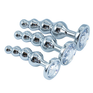 3 Tailles, Plug <span class=keywords><strong>Anal</strong></span> en Acier Inoxydable avec Triple Perles Métalliques à Tirer, Orné de Pierres, Jouet Sexuel de Massage - Product Image 3