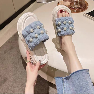 Pop pantoufles perle <span class=keywords><strong>tissu</strong></span> plate-forme chaussures femmes printemps porter merde sentiment plate-forme plage <span class=keywords><strong>tongs</strong></span> - Product Image 1