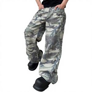 Pantalon de travail cargo tactique pour <span class=keywords><strong>homme</strong></span> en toile de coton personnalisée, coupe oversize ample à jambe large, effet vieilli, motif camouflage - Product Image 3