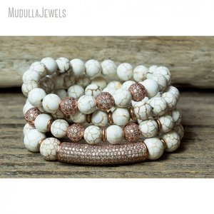 BM22504 Turquoise Howlite Bead <strong>Stacking</strong> <strong>Bracelet</strong> Pave CZ Bar <strong>Bracelet</strong> Rose Gold Plated Elastic Stackable <strong>Bracelet</strong> Set of 4 - Product Image 2