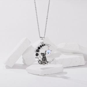 Silver Plated <b>Cat</b> On Moon Pendant <b>Necklace</b> With Cubic Zirconia And Blue Stone For Women's Everyday Wearing - Product Image 2