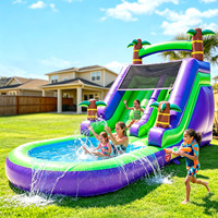 Toboggan aquatique gonflable commercial en PVC, toboggan gonflable palmier avec piscine à jets d'eau, jouet d'été pour divertissement extérieur en jardin