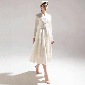 ZYHT 70140 Abiti Invernali Nuovi con Bottoni Frontali in Pizzo, Linea A, Maniche Lunghe, Vestiti Midi Bianchi da Festa, Eleganti per Donne e Signore - Product Image 4