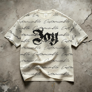 Camiseta Waffle Personalizada de Estilo Urbano, 300 g/m², Algodón, Impresión Completa, Bordado, Casual, Hombros Caídos, Talla Grande para Hombre - Product Image 1