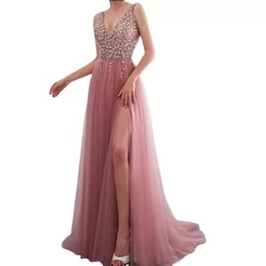 Elegant Pink Long Evening Gown With Sequins Deep V-Neck A-Line Chiffon Slit Empire Waistline - Product Image 5