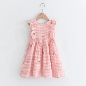 Летнее клетчатое Повседневное платье для маленьких девочек из 100% хлопка с оборками на рукавах, детская одежда, детские клетчатые повседневные платья