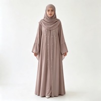 Ensemble Abaya Mauve pour Femme avec Franges de Perles, Tenue Modeste, Vêtements Musulmans Islamiques, Longueur au Sol