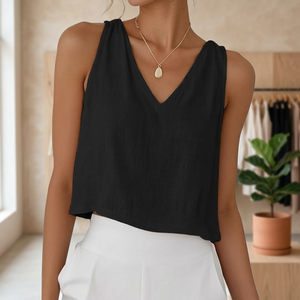 Débardeur noir micro-extensible à col en V pour femme, couleur unie, coupe décontractée, longueur normale - Product Image 4