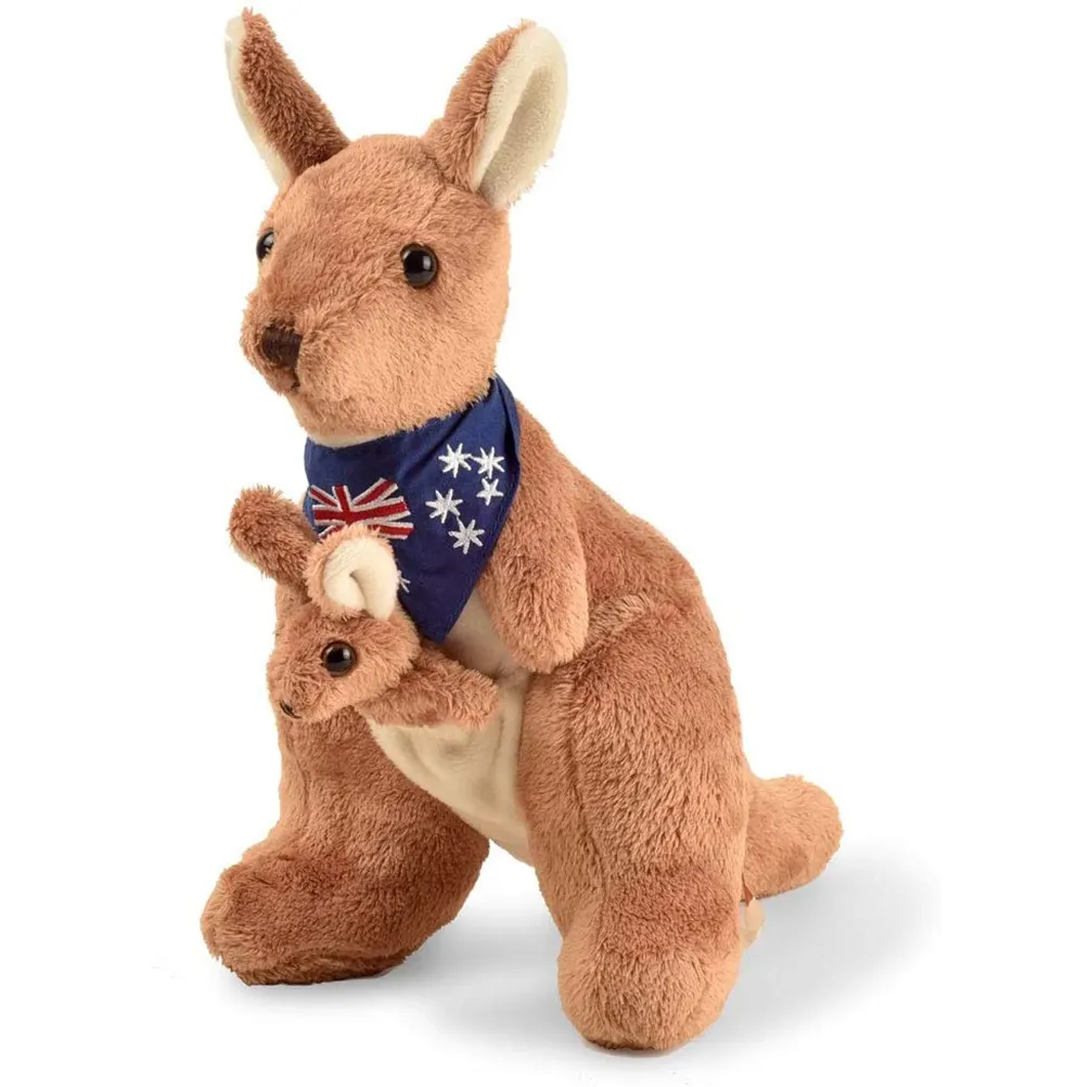 Kangguru Merah Mewah Kustom dengan Syal Aussie dan Joey Yang Dapat Dilepas Dapat Dipeluk Boneka Lembut Ibu dan Mainan Hewan