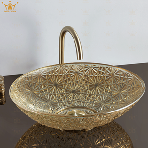 Modern Design <strong>Gold</strong>-E Edge Mounted Glass Bathroom Vanity Basin <strong>Crystal</strong> Wash Basin Diamond Pattern Polished Processed for Washroom - Product Image 2
