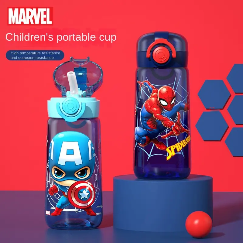 Hot sale summer outdoor sports kids Avengers water bottle Spiderman Captain America water bottle with lid straw