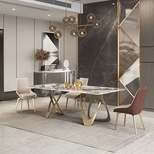 <span class=keywords><strong>Table</strong></span> à manger complète de luxe moderne haut de gamme avec plateau en pierre frittée et base en acier inoxydable, 6 chaises, rectangulaire, mobilier de maison et d'atelier - Product Image 4