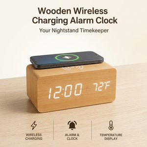 Réveil en bois avec chargeur sans fil, station de charge rapide sans fil, affichage numérique LED de la température, horloge de bureau pour le bureau et la maison - Product Image 1