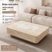 Table basse en travertin blanc cassé et jade blanc, pierre naturelle, style moderne minimaliste, luxe léger, antique, 2 pièces