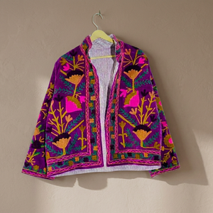 Manteau en velours pour femme grande taille, style bohème, broderie florale à la main, col mandarin, manches longues, vêtement d'extérieur décontracté pour l'automne - Product Image 4